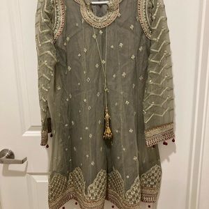 Fancy Desi Indian Pakistani Shalwar Kameez gray green silver work